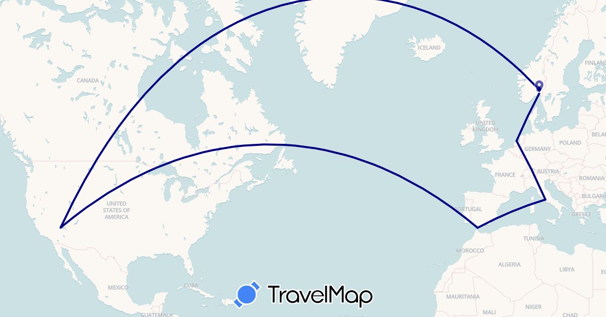 TravelMap itinerary: driving in Gibraltar, Italy, Netherlands, Norway, United States (Europe, North America)